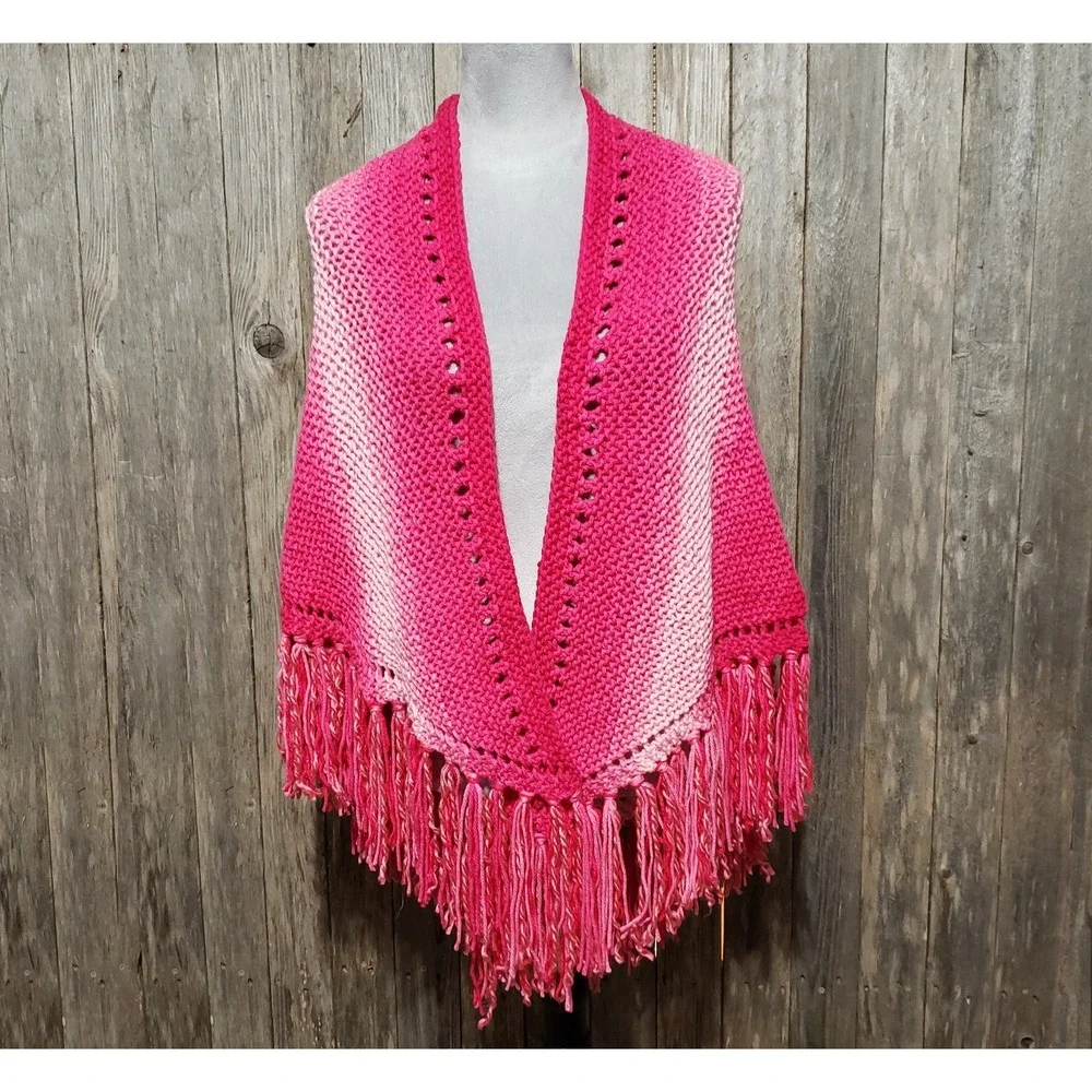 NEW Pink Ombre Hand‎ Knitted Shawl Wrap Scarf Boho Fringe Cottage Coquette Fairy